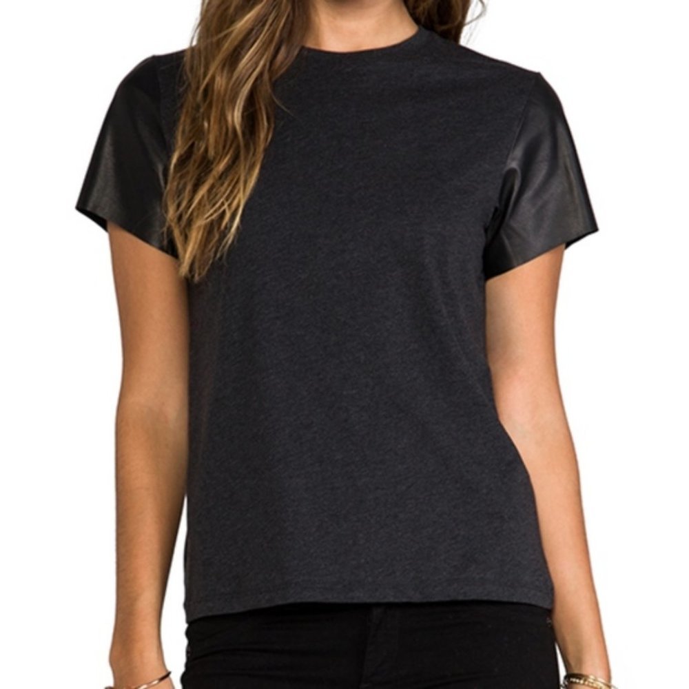 Vince Crew Neck Black Gray Leather Sleeve Tee XS